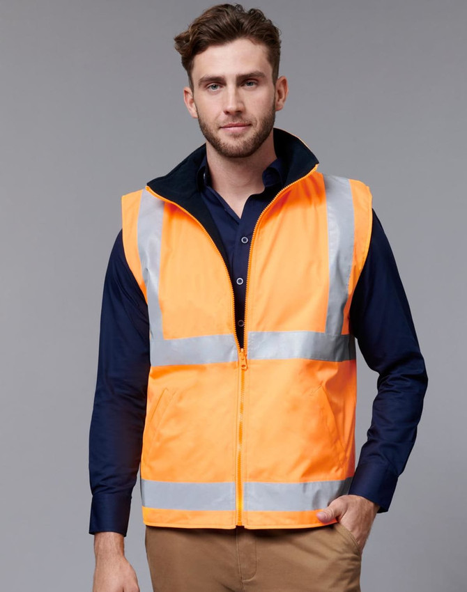A reversible safety vest in bright orange with reflective stripes, featuring a dark collar and a fitted design.