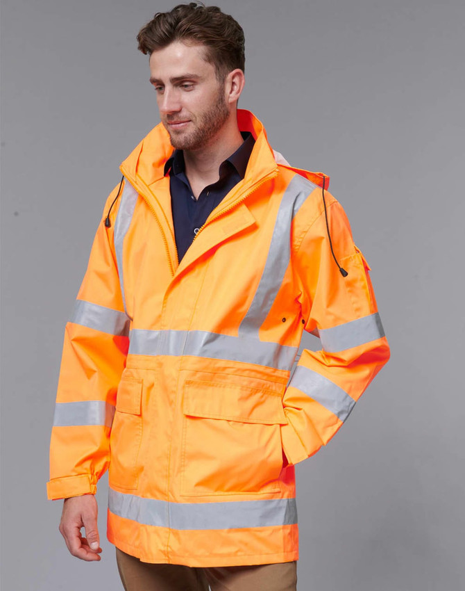 A bright orange safety jacket featuring reflective strips, a hood, and multiple pockets. It has a logo on the chest.