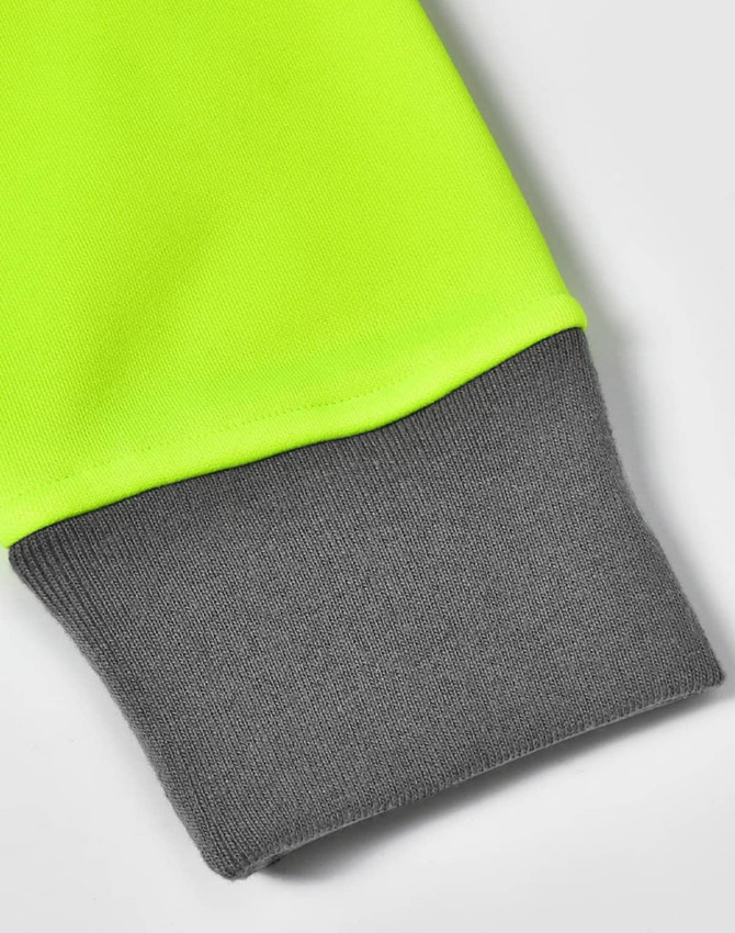 A close-up of a Hi-Vis premium fleece two-tone hoodie featuring bright yellow and grey colours. It has a logo.