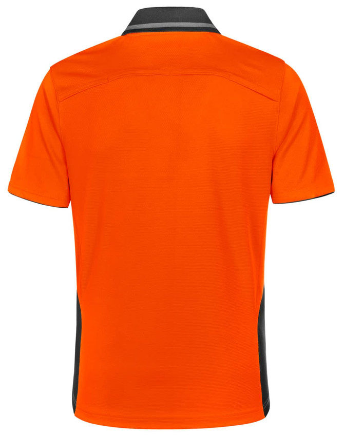 An orange short-sleeved polo shirt with black accents and a logo. It's made from bamboo charcoal fabric.