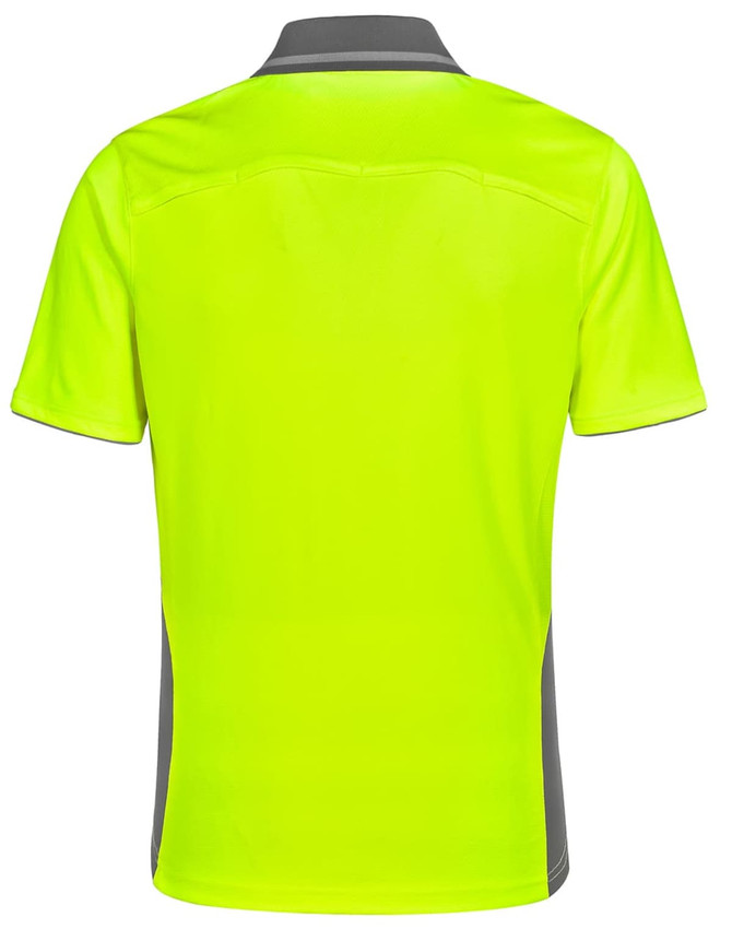 A bright yellow short-sleeve polo shirt with grey accents and a logo on the chest. Ideal for high visibility.