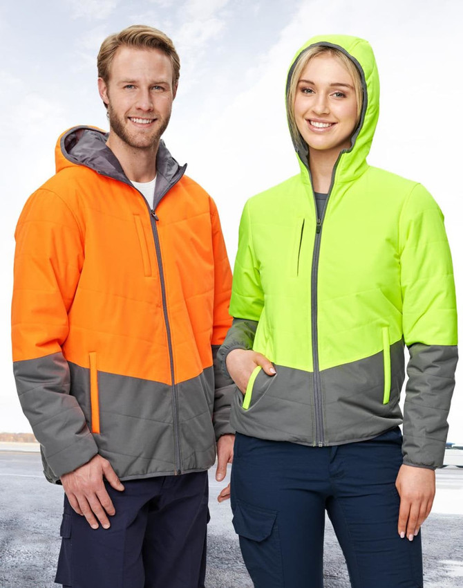 A bright orange and grey quilted safety jacket with a hood, alongside a lime green and grey version, both featuring logos.