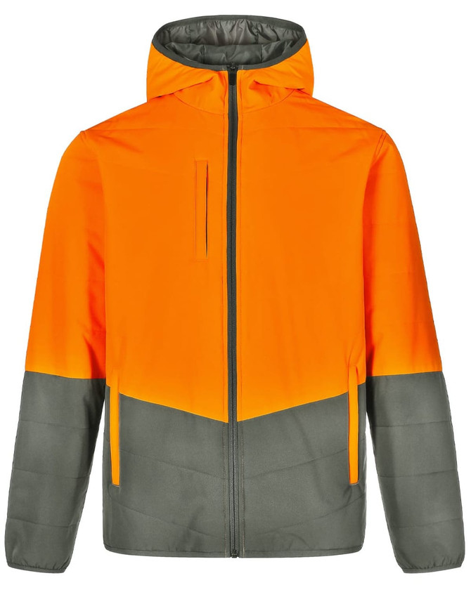 A quilted safety jacket featuring a vibrant orange and olive green two-tone design, with a hood and zippered front.