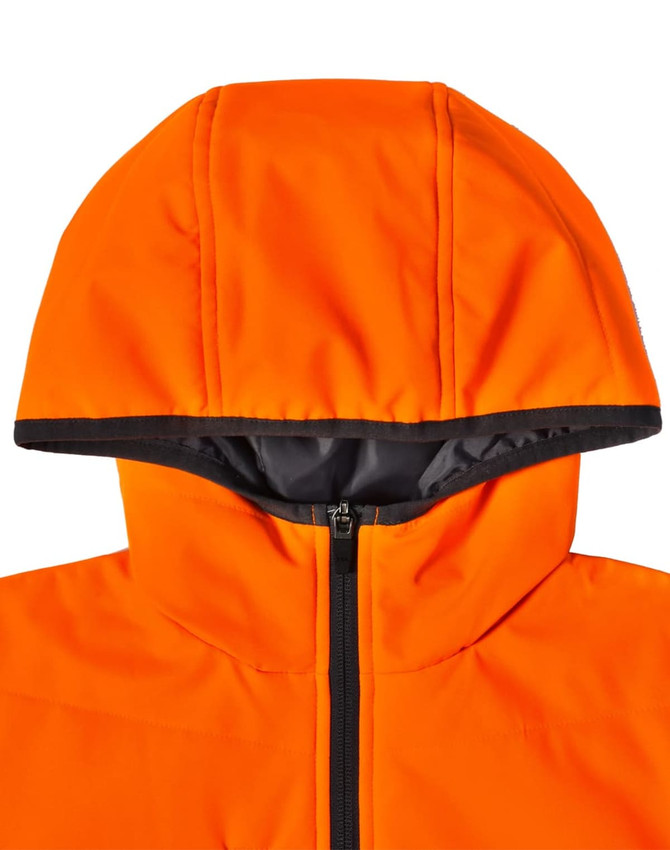 A bright orange quilted safety jacket with a hood and black lining, featuring a logo.