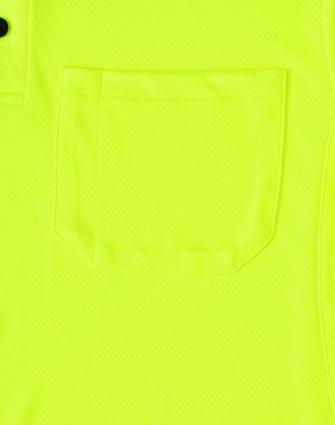 A bright yellow short-sleeved polo shirt featuring a pocket and a logo.