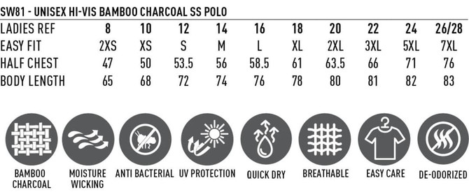 A promotional image featuring a unisex hi-vis bamboo charcoal short-sleeve polo shirt in vibrant colours, displaying sizing details.