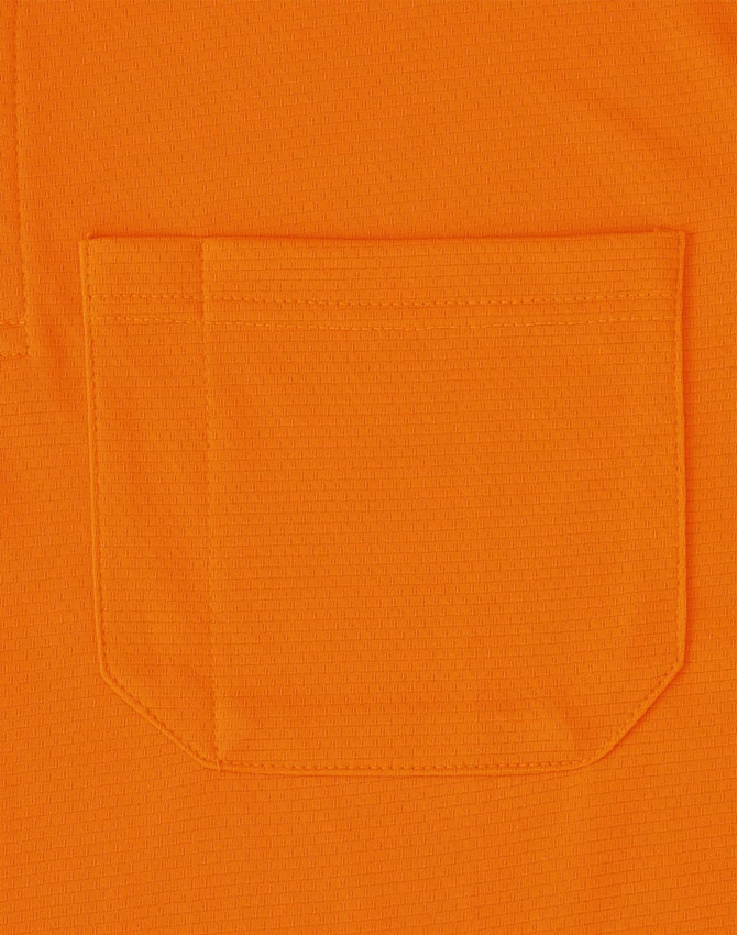 An orange unisex polo shirt featuring a textured fabric and a chest pocket. It has a logo on it.