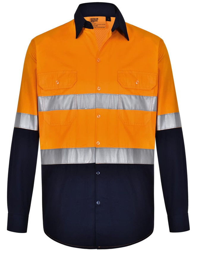 A high-visibility long-sleeve safety shirt in orange and navy, featuring reflective tape and a branded label.