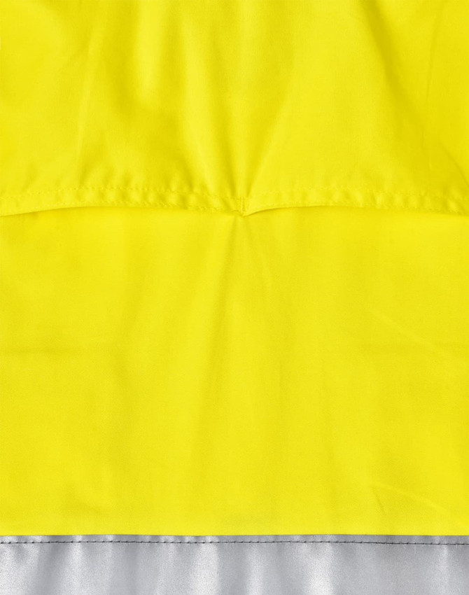 A bright yellow long-sleeved safety shirt with reflective grey material at the bottom and a logo present.