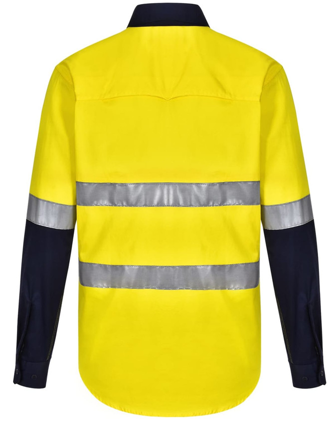 A Hi-Vis long-sleeve safety shirt in yellow with navy sleeves and reflective tape. Features a logo.