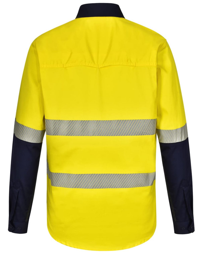 A long-sleeve safety shirt in bright yellow with navy blue sleeves, featuring segmented reflective tape.