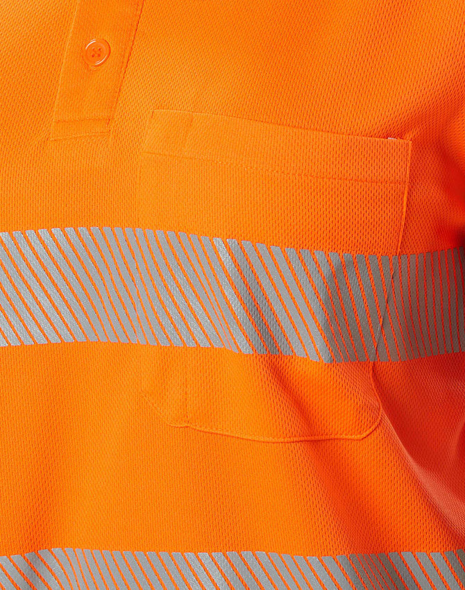 Unisex Cooldry segmented safety polo shirt in bright orange with reflective silver stripes and a chest pocket.