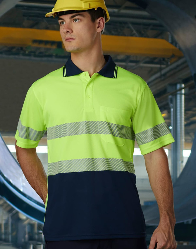 A unisex high-vis polo shirt in yellow with navy segments and reflective stripes, designed for workwear, featuring a pocket and a logo.