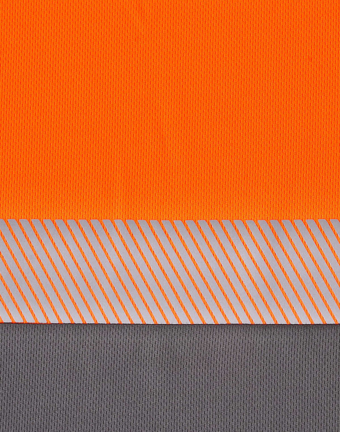A segmented polo shirt in hi-vis orange and grey with a reflective stripe pattern and a logo.