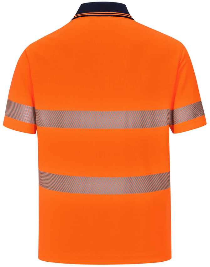 An unisex short-sleeve polo shirt in vibrant orange with reflective segmented stripes and a navy collar.