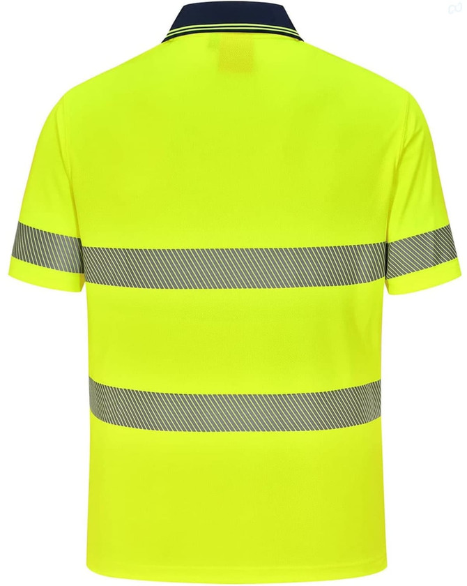 A bright yellow unisex polo shirt featuring segmented reflective stripes and a navy collar, with a logo on it.