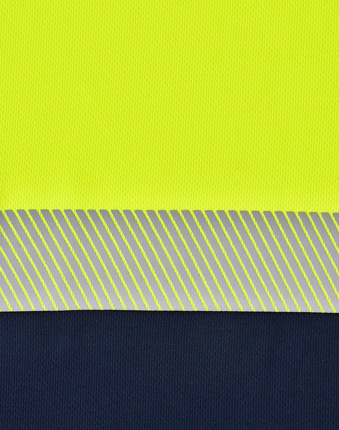 A segmented fabric featuring bright yellow and navy colours with reflective grey stripes across the design.