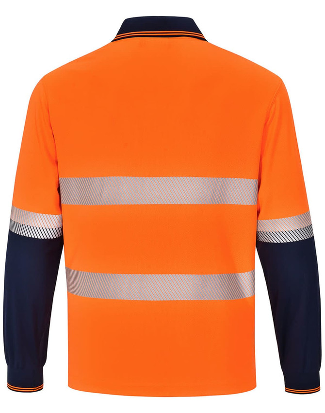 An orange long-sleeve polo shirt with navy blue sleeves and reflective stripes, featuring a logo.