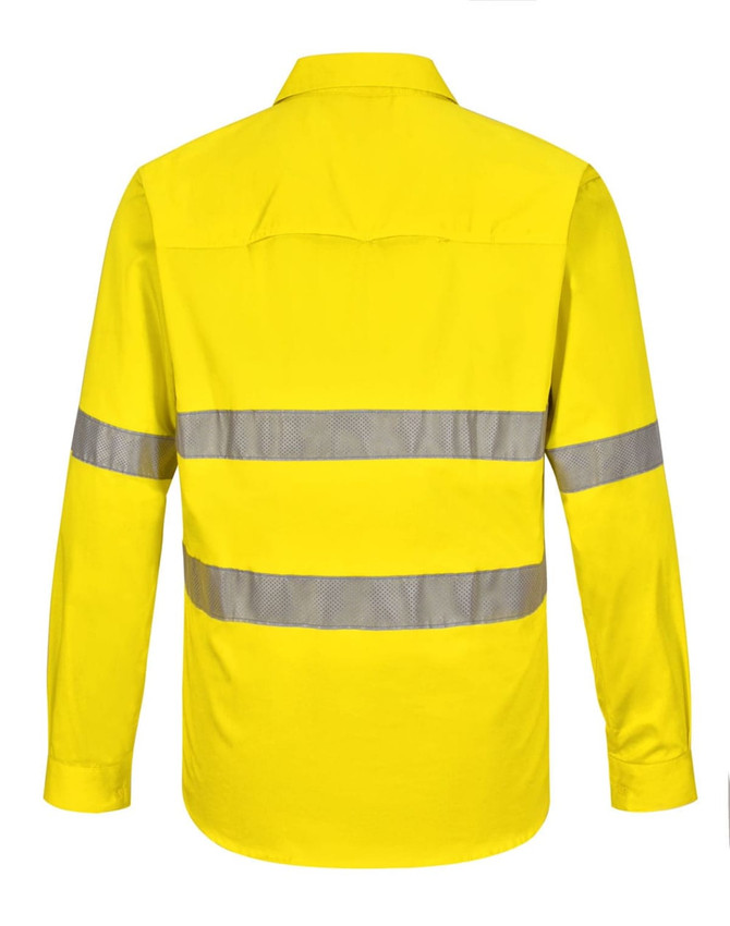 A long-sleeve work shirt in bright yellow with perforated reflective tape for visibility and safety.