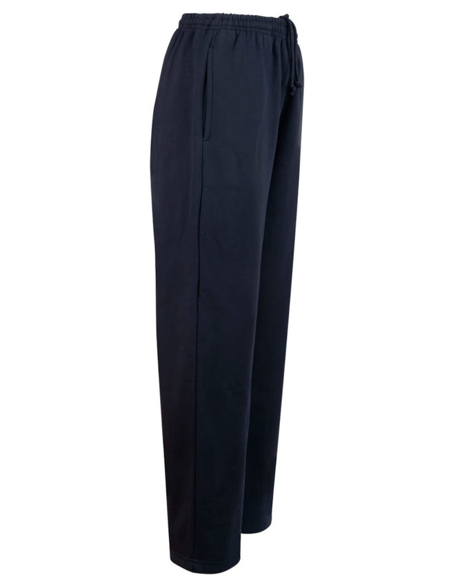 Fleecy navy track pants for kids featuring a zip, cuffs, and knee padding, with an elastic waistband and pockets.