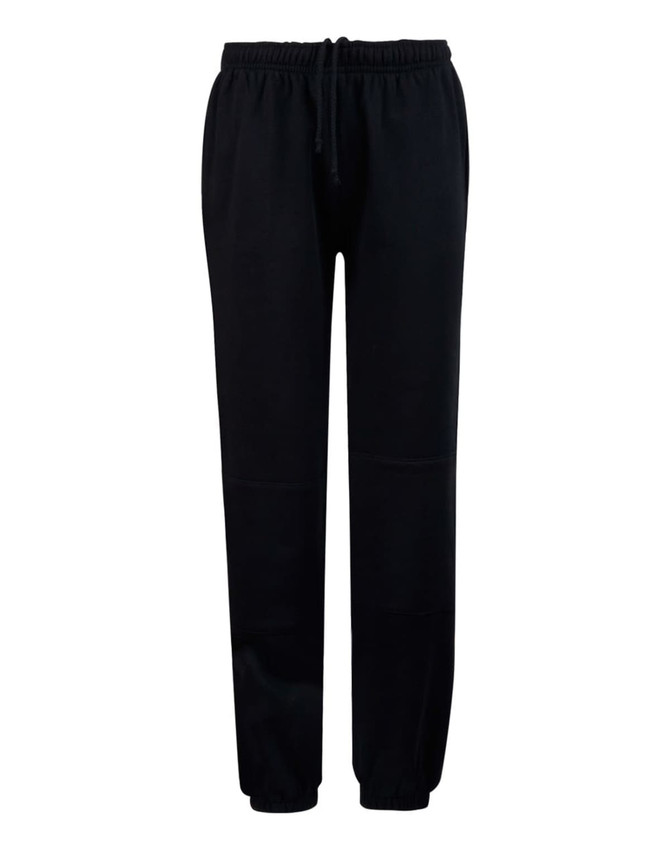 Black fleecy track pants featuring zips, cuffs, and knee padding, designed for kids, with an elastic waistband.