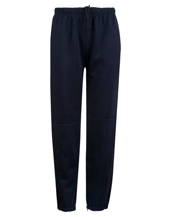 Fleecy track pants in navy blue, featuring a zip, cuffs, knee padding, and an elastic waistband.