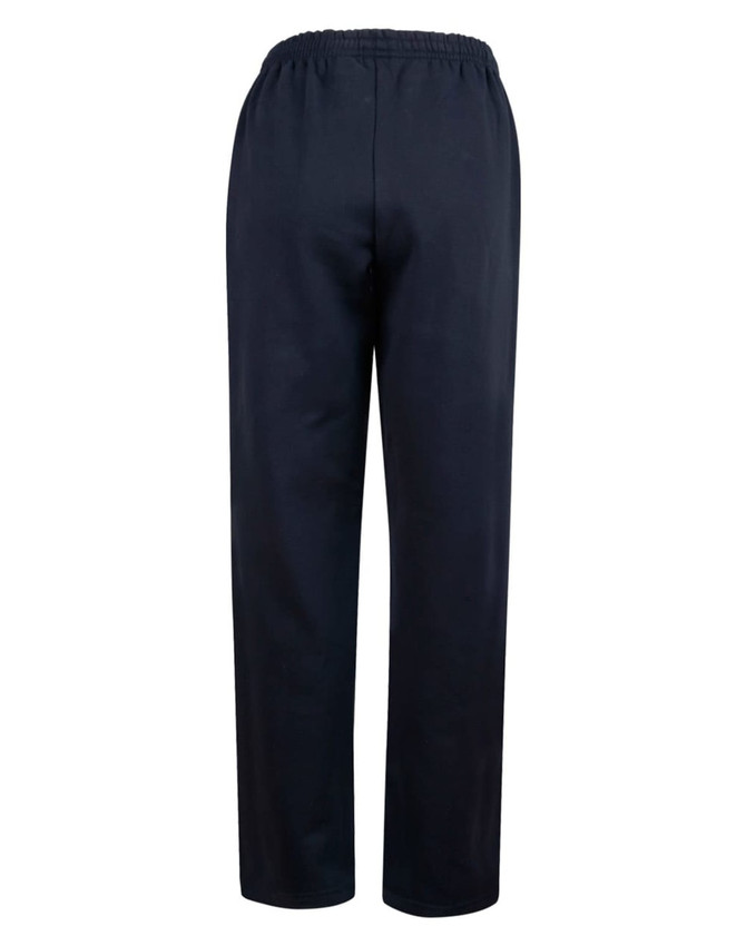 Fleecy navy trackpants with cuffs, knee padding, and an elastic waistband, featuring a logo.