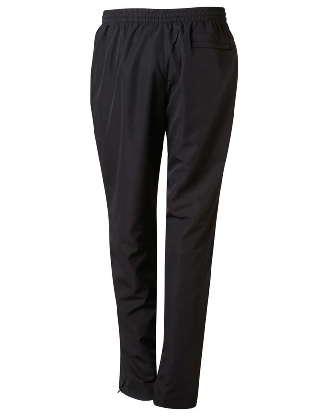 Black adult track pants with an elastic waistband and side pockets. Features a logo on the garment.