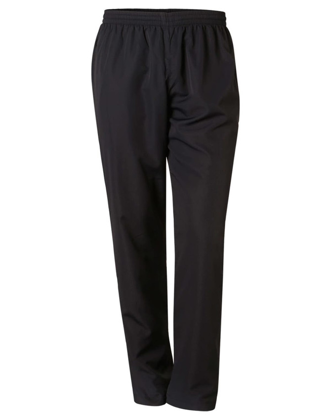 Black track pants with an elastic waistband and a simple design, featuring a logo on one side.