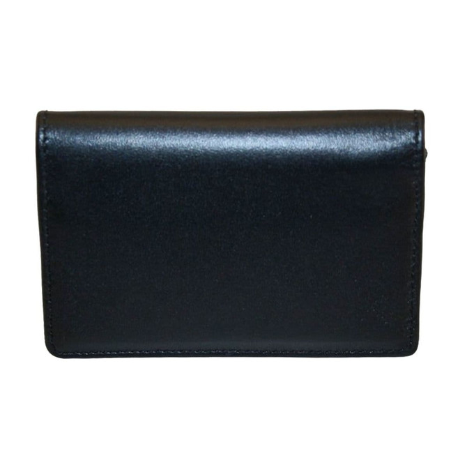 A black business card holder with a sleek and glossy finish, featuring a simple design and a logo.