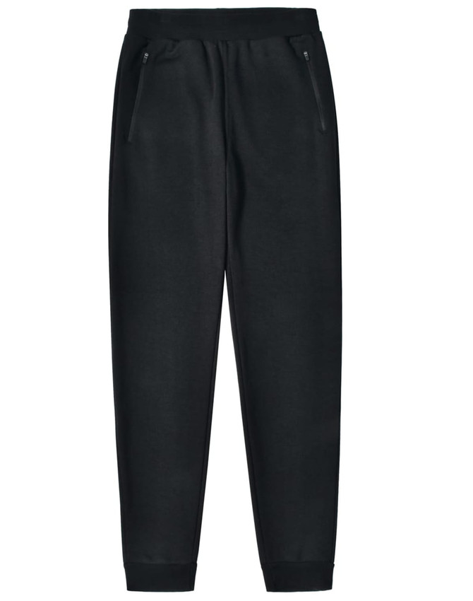 Adults' poly/cotton terry sweat pants in black, featuring zippered pockets and a tapered fit.