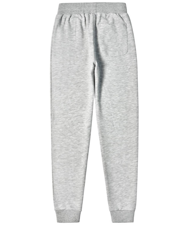 Grey poly/cotton terry sweat pants with an elastic waistband and a back pocket. Features a logo detail.