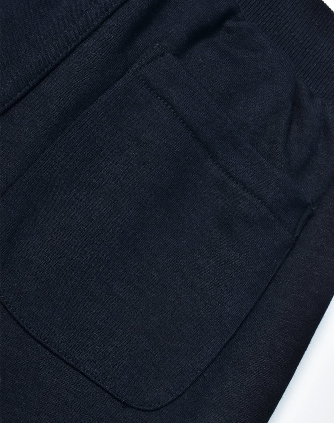 Dark blue kids' poly/cotton terry sweat pants featuring a single patch pocket on the side.