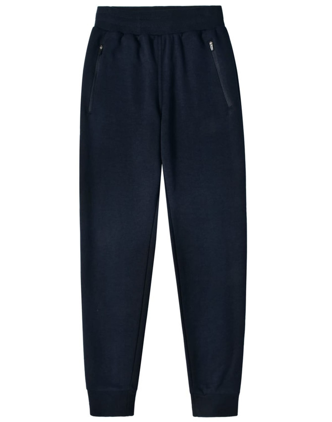 Navy blue kids' poly/cotton terry sweat pants featuring zip pockets and elastic cuffs.