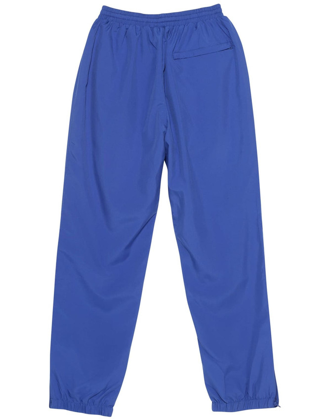 Blue kids' warm-up pants with an elastic waistband and a single back pocket. Features a logo on the waistband.