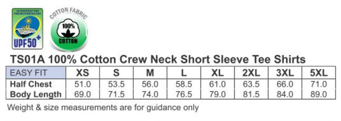 A table displaying the size chart for the TS01A 100% cotton crew neck short sleeve tee shirts in various sizes.