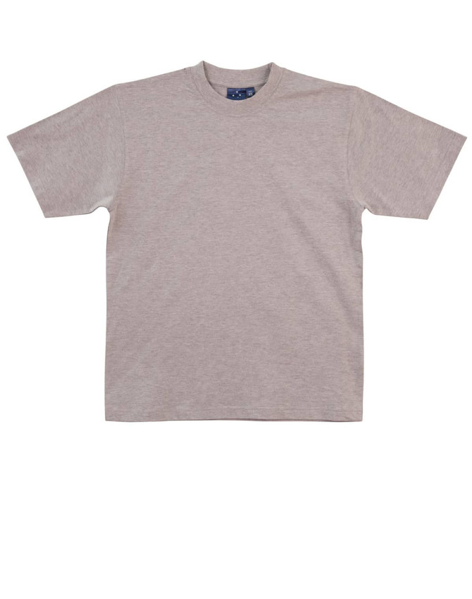 A grey premium T-shirt with short sleeves and a crew neck, featuring a logo on the label.