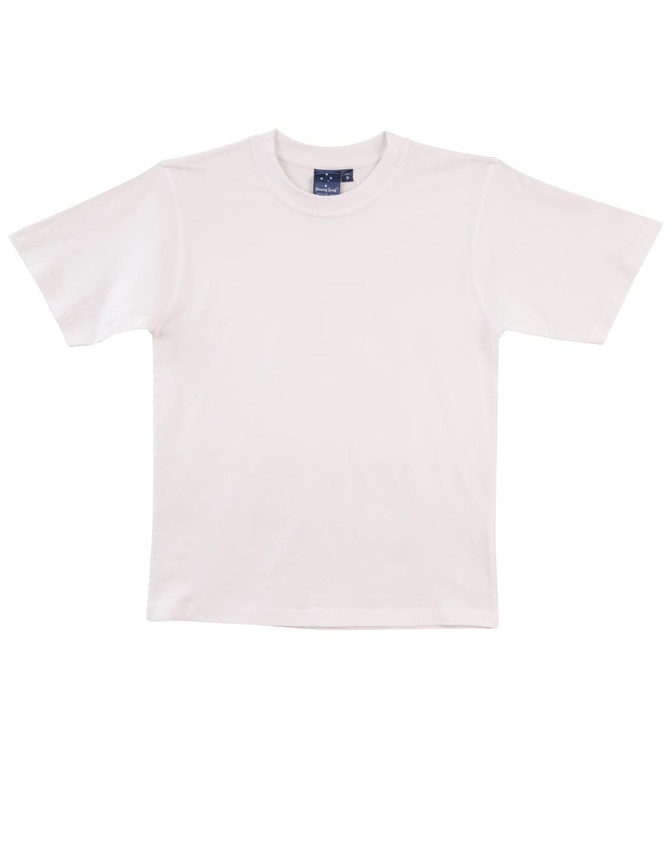 A plain white premium tee shirt with a round neckline and short sleeves. It features a logo on the label.