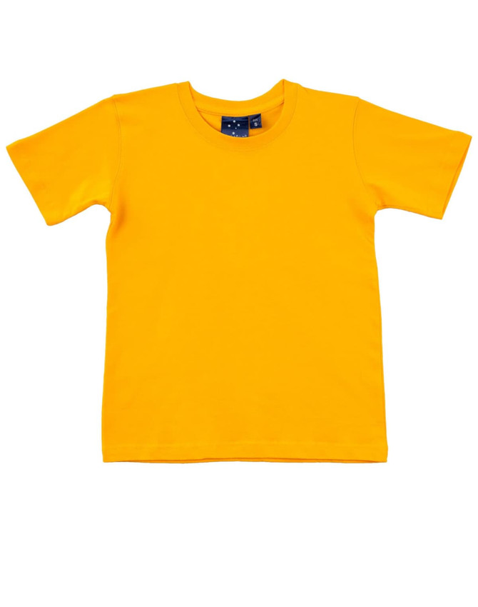 A bright yellow kids' t-shirt with short sleeves and a round neckline. It features a logo on the label.