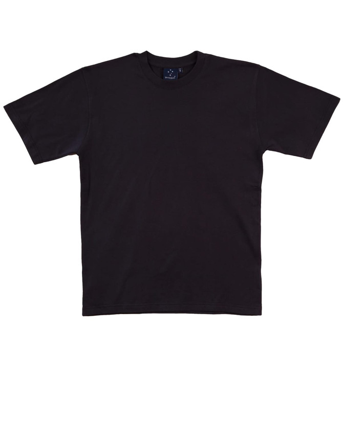 A black kids' t-shirt featuring a plain design and a logo on the label. Suitable for casual wear.