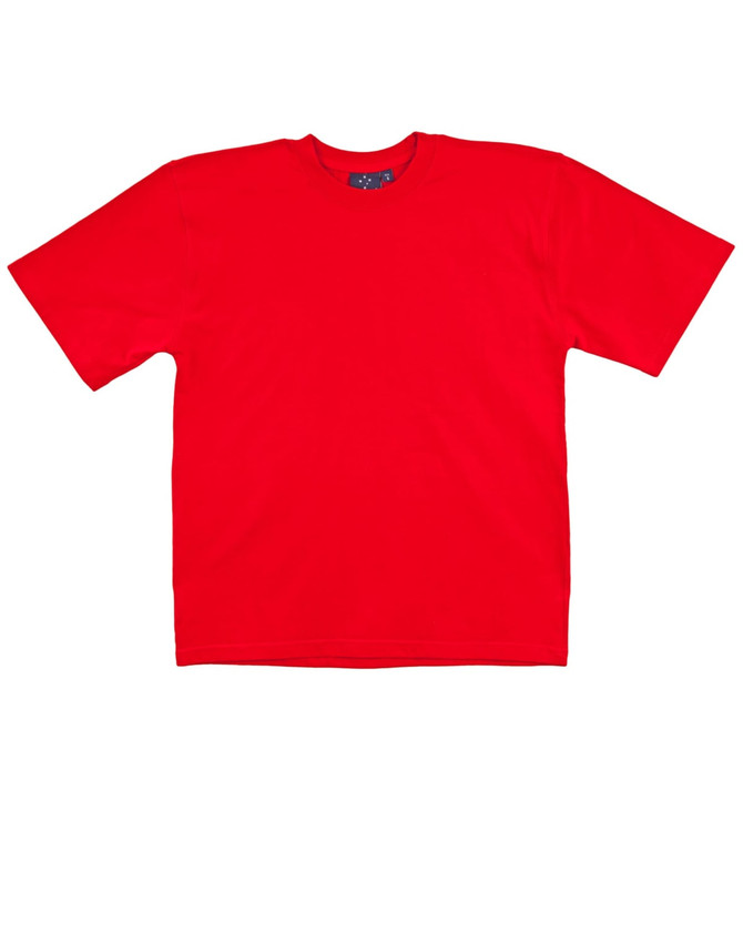 A red kids' T-shirt with short sleeves, featuring a simple design and no visible logos or branding.