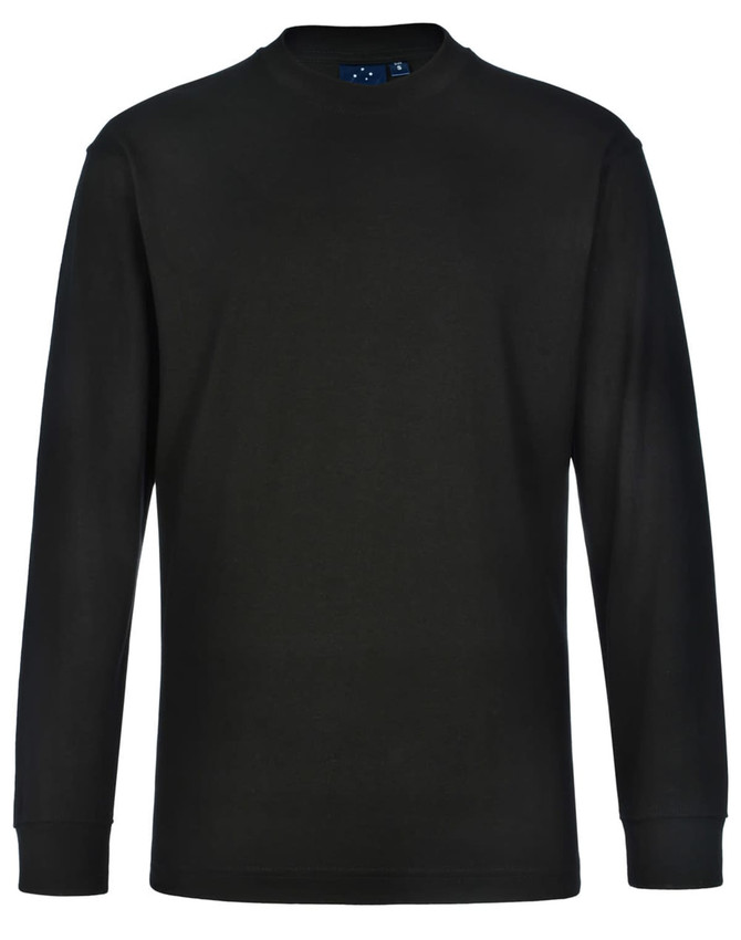 A black long-sleeve cotton crew neck t-shirt featuring a tag with a logo at the neckline.