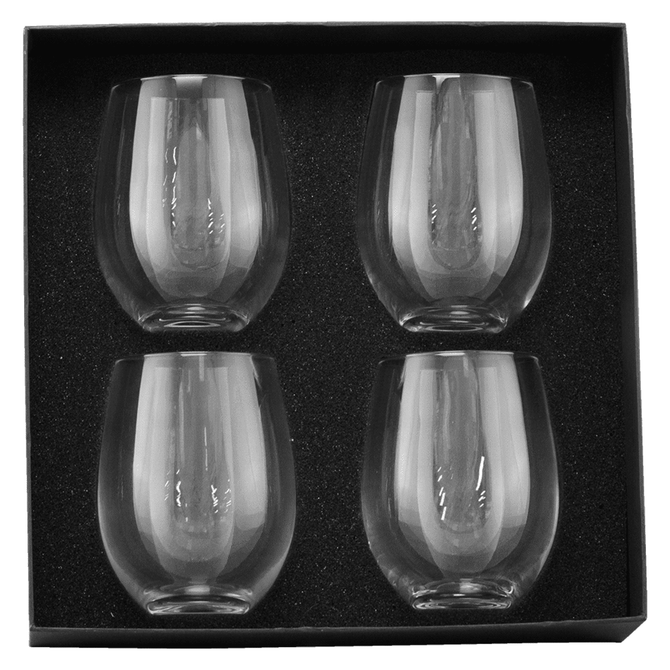 A set of four clear glass wine glasses displayed in a black gift box with a textured interior.