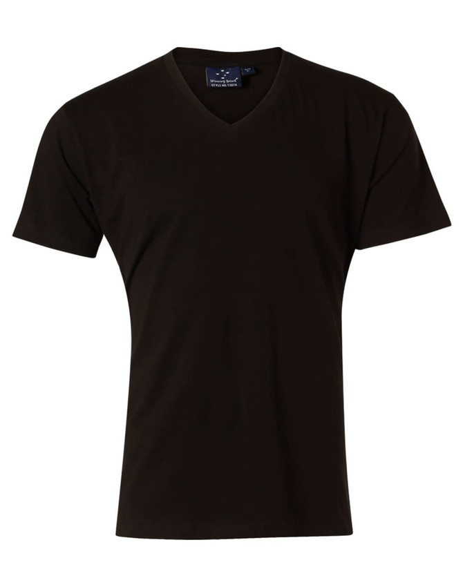 A black men's V-neck short sleeve tee with a simple design and a brand logo on the neckline.
