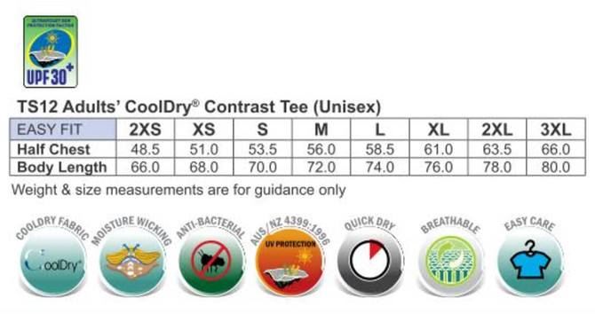 A promotional product image featuring a CoolDry short sleeve contrast tee in various sizes, with a logo present.