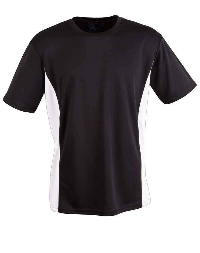 A short sleeve T-shirt in black with white contrast side panels. It features a logo on the front.