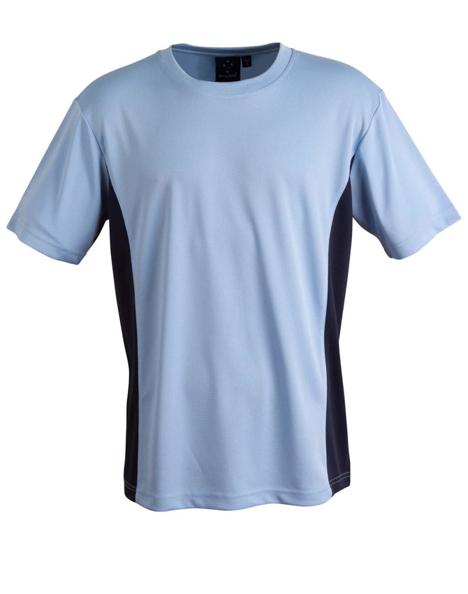 A light blue short sleeve tee with black contrast panels and a logo on the upper front.