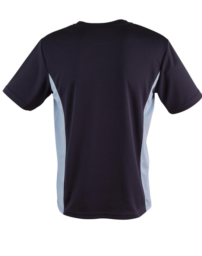 A navy blue t-shirt with light blue contrast panels on the sides. The shirt has a logo on it.