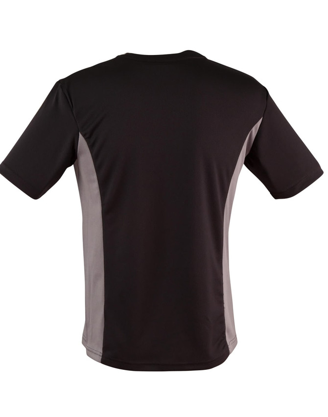 A black and grey short-sleeved children's T-shirt featuring contrasting side panels and a logo.