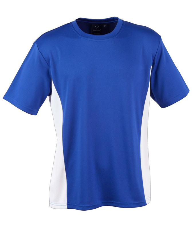 A blue and white short-sleeved t-shirt featuring a logo. Suitable for kids with a contrast design.